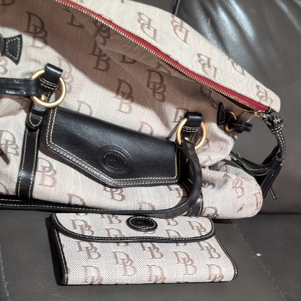 Dooney & Bourke Beige Logo Canvas Tote with Black Leather Trim
